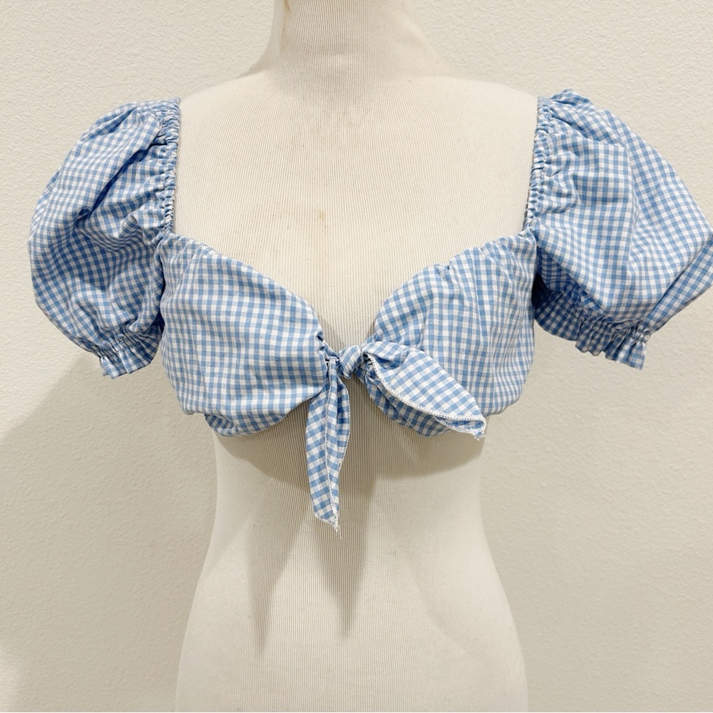 Urban Renewal Blue Checkered Gingham Puff Sleeve Crop Top